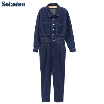 

Sokotoo Women's loose casual turn down collar full sleeve denim overalls Lady's fashion jumpsuits Free shipping
