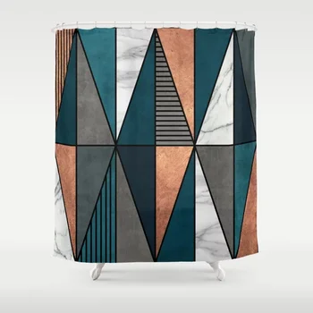 

Copper, Marble and Concrete Triangles with Blue Shower Curtain Decorative Waterproof Polyester Fabric Shower Curtain 12 Hooks