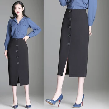 

Fall Spring Fashion Office Lady Women High Waisted Single Breasted Black Placket Pencil Skirt , Elegant Woman 4xl Buttons Skirts