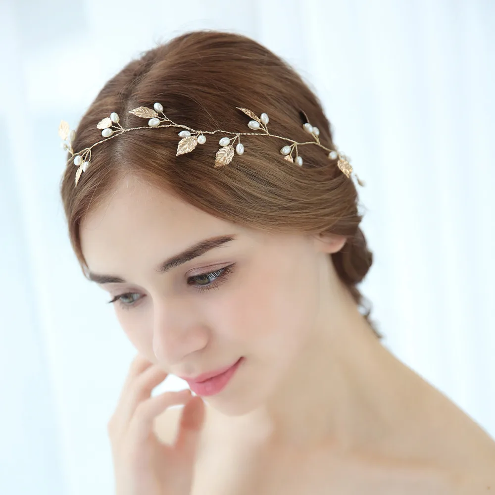Simple Long Hair Vine Gold Leaf Bridal Headband Handmade Pearls Wedding Headpiece 2018 (1)