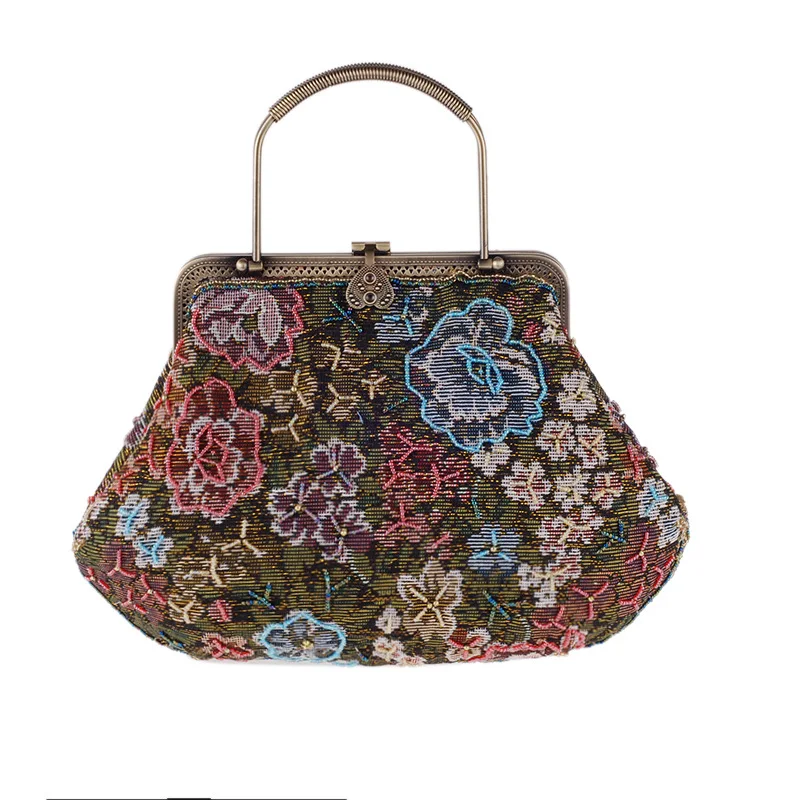 

Vintage National Style Women's Evening Clutch Beading Embroidered Handbag Coffee Pouch Shoulder Bag Crossbody Messenger Hobos