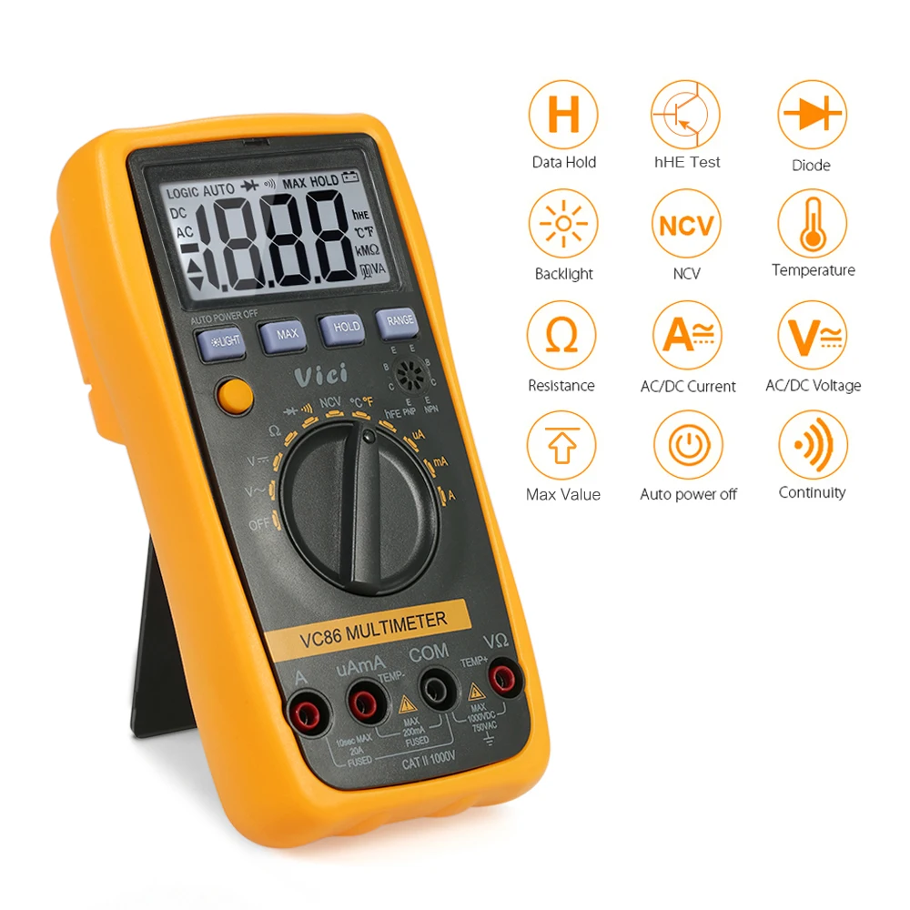 

Auto Range Digital Multimeter VC86 3 1/2 1000V DMM Temperature Meter w/NCV hFE Test & LCD Backlight Multimetro Tester E2813H52