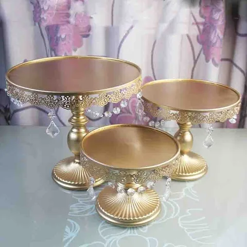 Carrinho do Bolo de Ferro Conjunto de Metal Festa de Casamento de Cristal Ferramentas de Cozimento do Bolo 3 Pcs Ouro Fornecedor Decoração Acessório