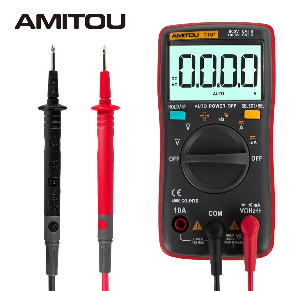 

AMITOU T101 LCD Digital Multimeter Backlight AC/DC Voltage Current Milliamp Resistance Frequency Buzzer Conversion Tester Red