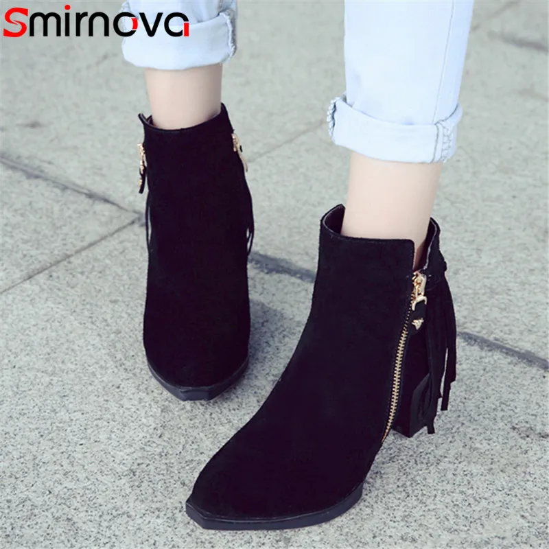 

Smirnova fringe 2018 cow suede women ankle boots round toe high heel boots solid fringe square heels fashion boots