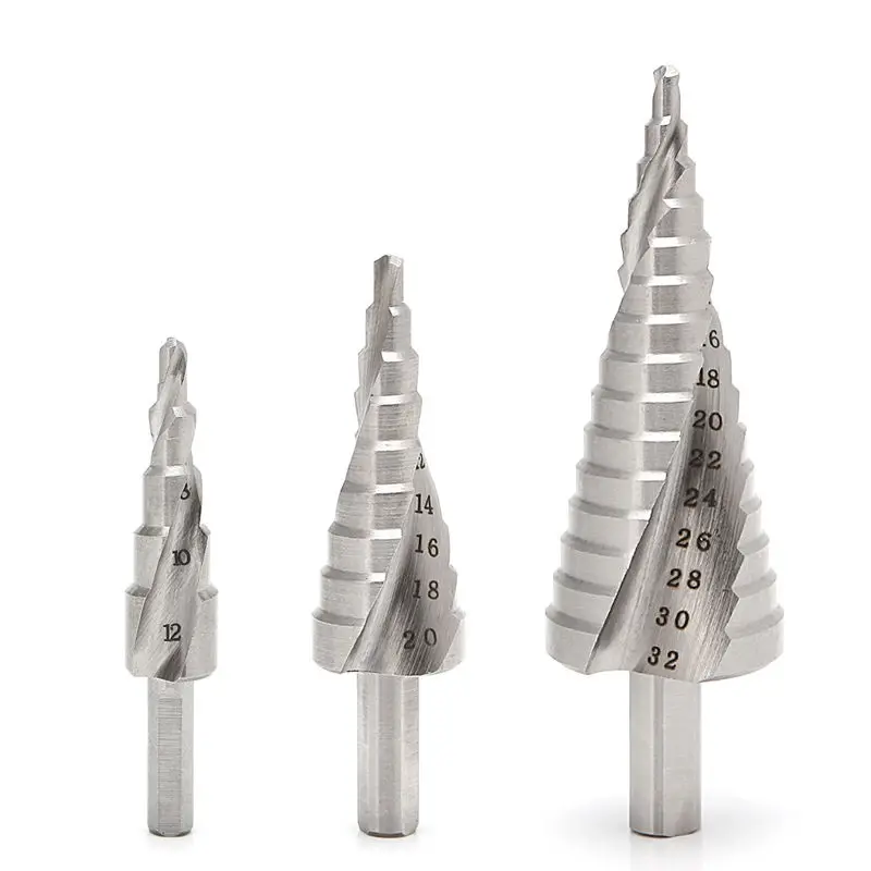 

3x HSS Spiral Flute Step Drill Bit Set Core Cone Step Hole Cutter 4-12/20/32mm