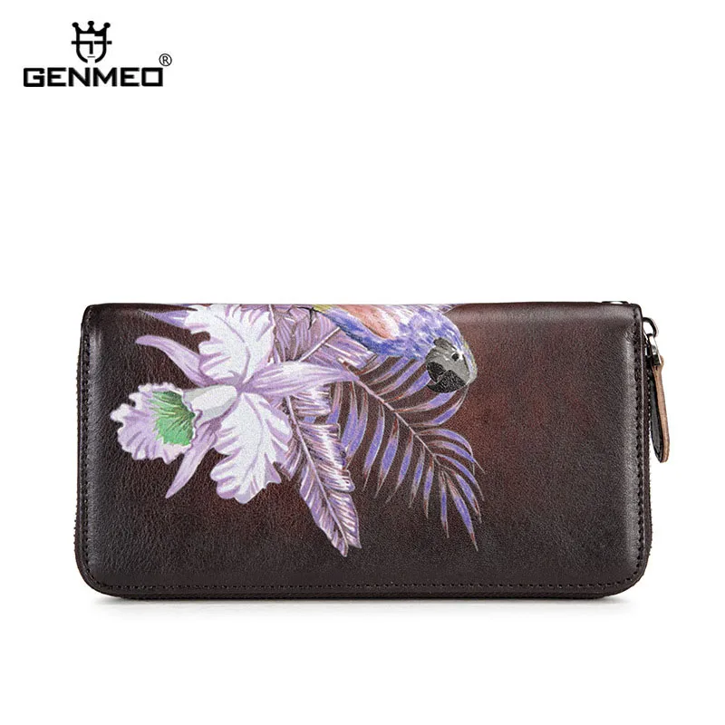 

GENMEO Brand New Arrival Vintage Genuine Leather Wallets with Parrot Pattern Female Cow Leather Clutch Wallet Bolsa Feminina