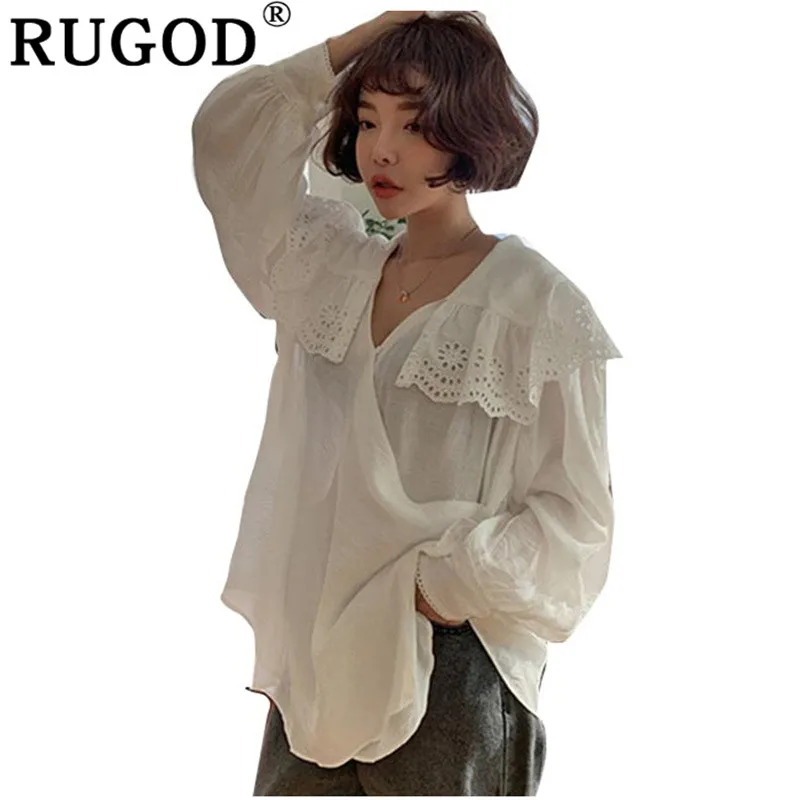 

RUGOD Sweet Lace Big Collar White Blouse Women 2019 Spring Long Lantern Sleeve Loose Blouse Casual Cotton Shirt Top Kimonos