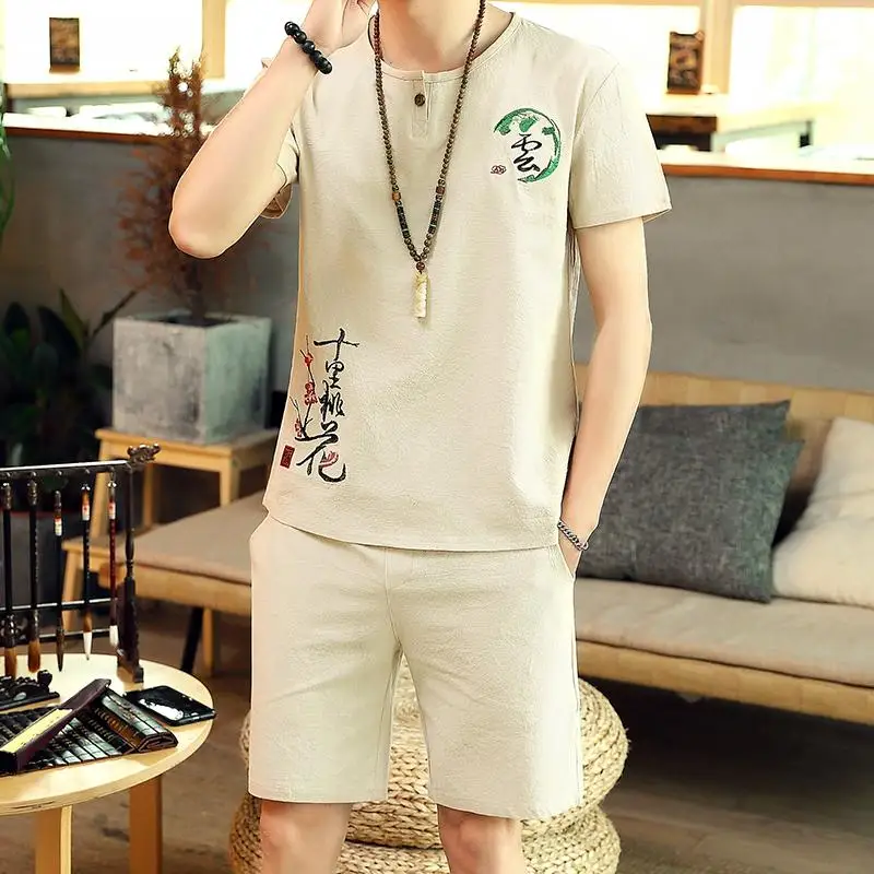 

LOLDEAL Summer New Suit Men's Cotton Linen Short-sleeved T-shirt Shorts Suit, Casual Men's Loose Embroidery Set