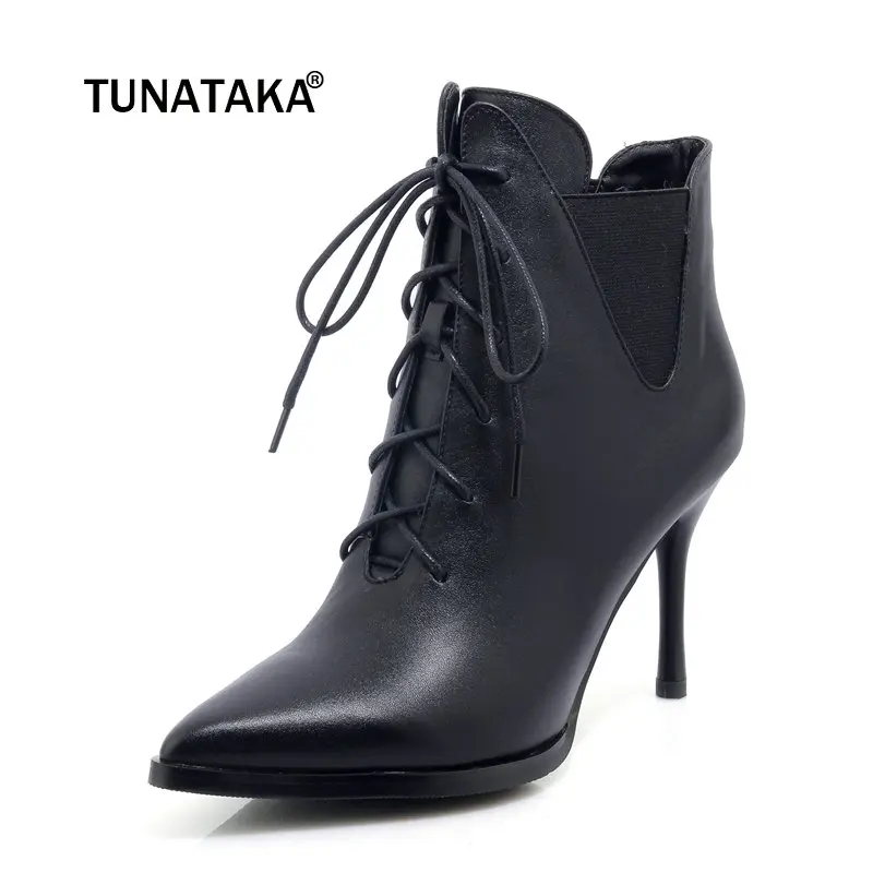 

Ladies Genuine Leather Lace Up Thin High Heel Ankle Boots Fashion Pointed Elastic Band Winter Bootie Black Pink