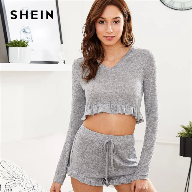 SHEIN Sleepwear Casual Women Loungewear Two Piece Set Grey Long Sleeve