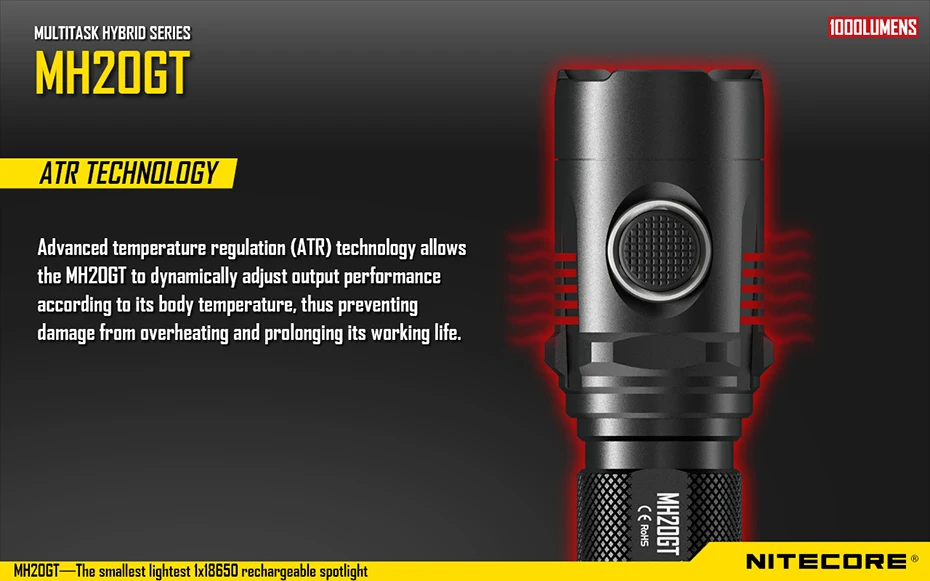 NITECORE MH20GT перезаряжаемые сильный свет литиевая батарея флэш-светильник водонепроницаемый портативный поисковая лампа