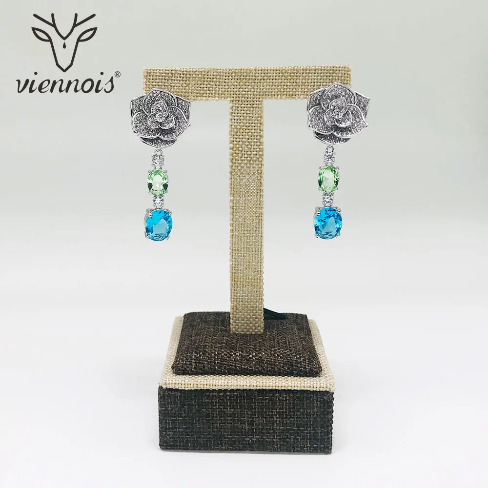Женские серьги капельки Viennois розовый золотистый/серебристый AAA синий