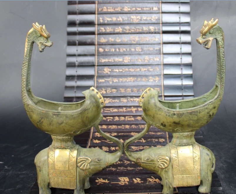 

China Fengshui Bronze Gilt Dragon Elephant Candle Holder Candlestick Pair Statue