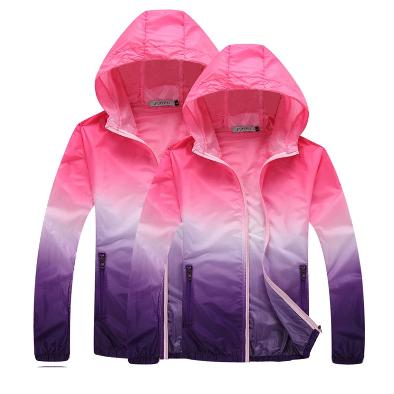 Вертикальный Для женщин Для мужчин летняя тонкая куртка-ветровка на открытом воздухе дышащий с длинным рукавом быстро сохнущие толстовки для влюбленных градиент многоцветный - Цвет: pink purple