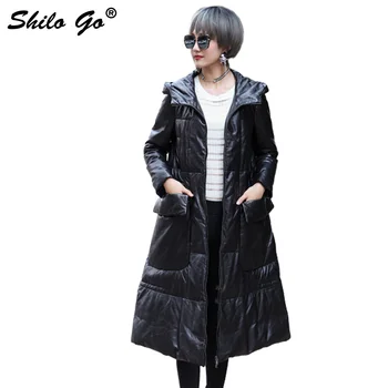 

SHILO GO Down Leather Trench Womens Winter Fashion sheepskin genuine leather Long Coat hooded long sleeve side pocket A Line