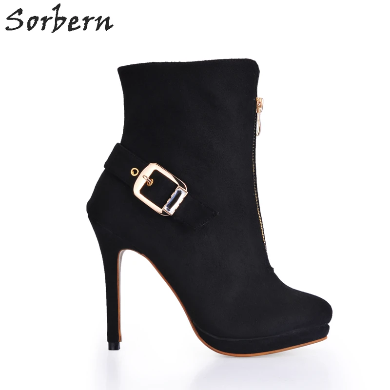 

Sorbern Custom Materials Black Boots Ankle High Heels Platforms Mature Lady Ol Shoes Winter Front Zipper Gold Bukles Side