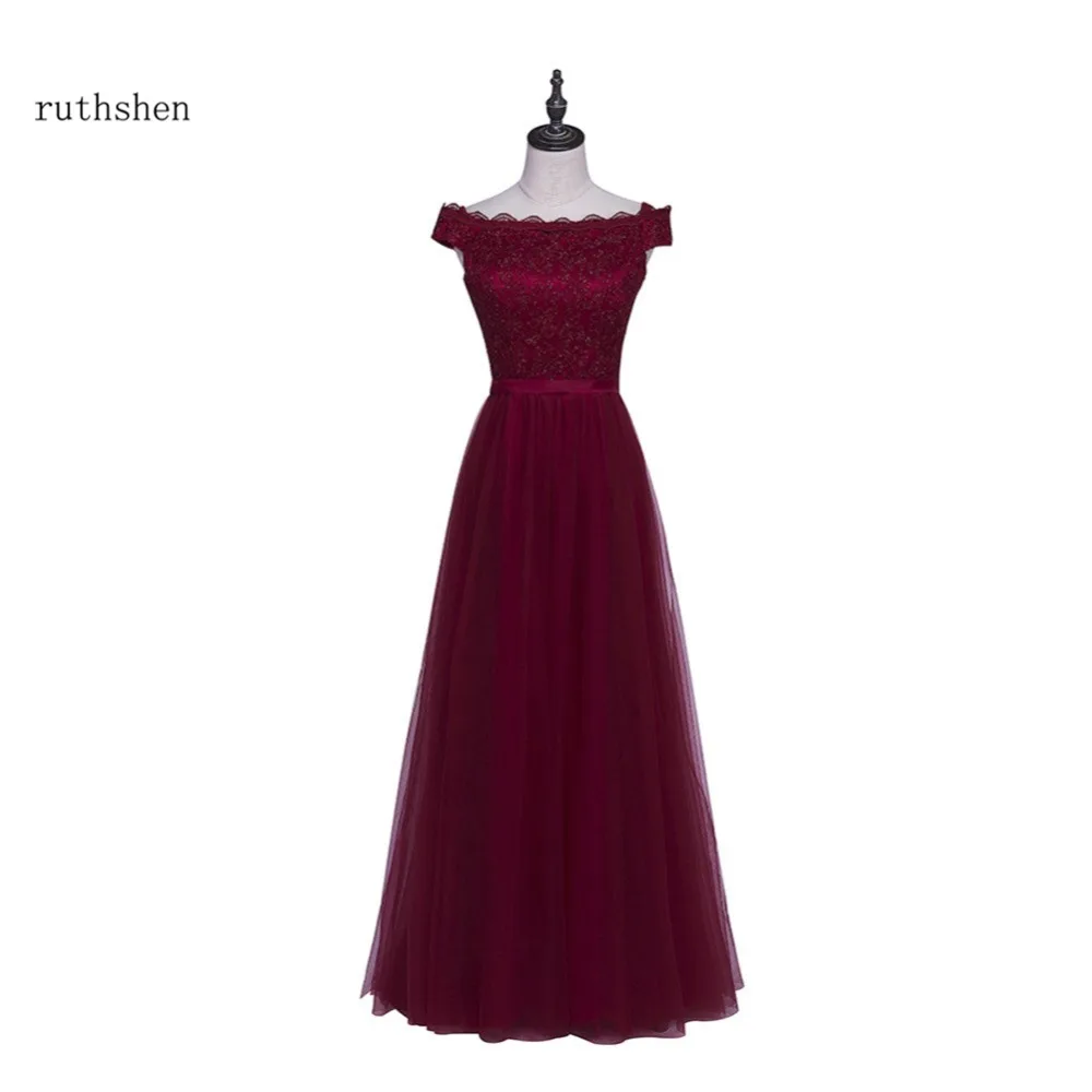 Ruthshen бордовые вечерние платья 2018 с открытыми плечами кружево, тюль, длинное на шнуровке сзади платье для выпускного бала Vestidos De вечернее