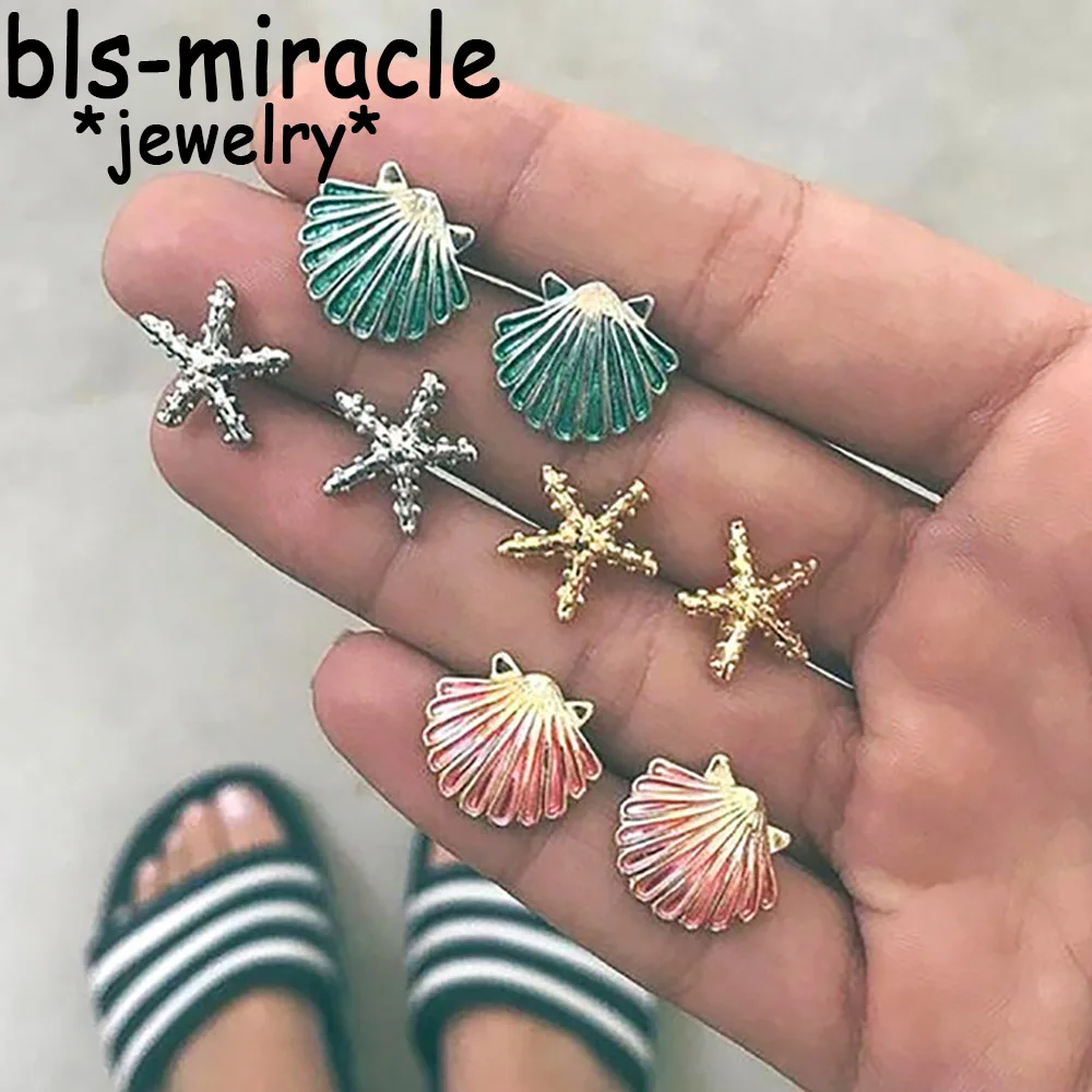 

Bls-miracle 4 Pair/set Bohemia Mix Shell Earrings For Women Gold Starfish Beads Beach Earring Girl Party Gift Statement Jewelry