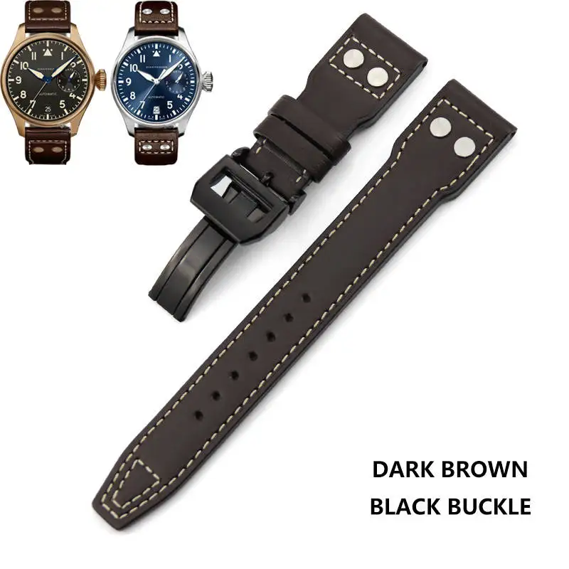 21 мм 22 мм высококачественный кожаный ремешок для часов темно-коричневого цвета с откидной пряжкой для браслета специально для часов IWC аксессуары для часов - Цвет ремешка: black