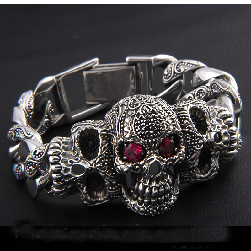 Твердые 925 пробы серебро 120 г огромный тяжелый мужской череп ссылка браслет для байкеров 22 см A2036
