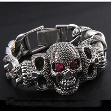 Твердые 925 пробы серебро 120 г огромный тяжелый мужской череп ссылка браслет для байкеров 22 см A2036