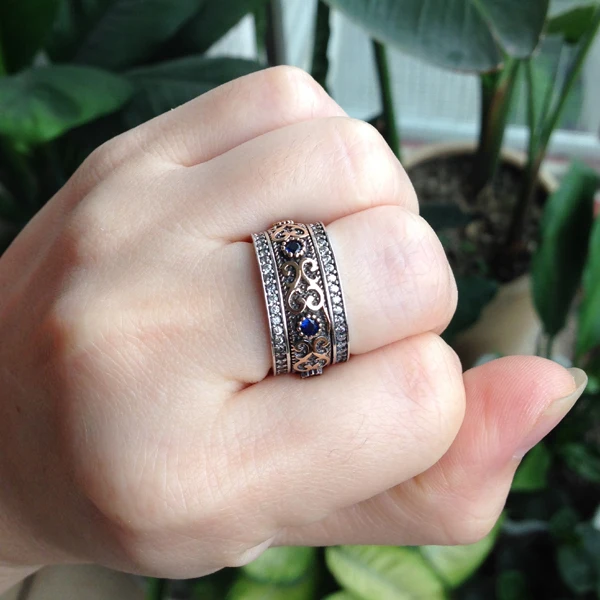 925 sterling silver turkish dual tone unique vintage bronze ring with blue stones man or woman - Turkish Wedding Ring 925 sterling silver turkish dual tone unique vintage bronze ring with blue stones man or woman - Turkish Wedding Ring