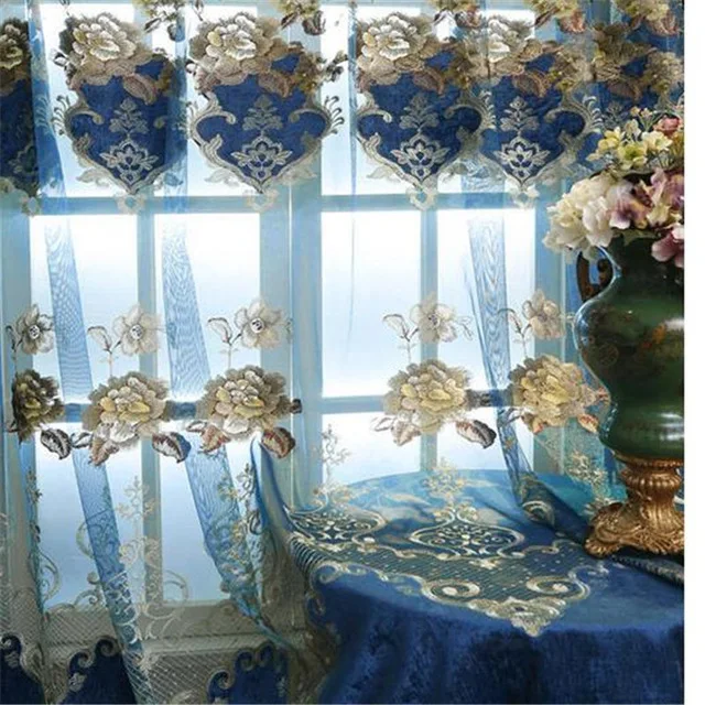 Хит, европейские королевские синие Роскошные занавески с большим цветком для гостиной, вышитые вуали, занавески, занавески для спальни - Цвет: Voile curtain