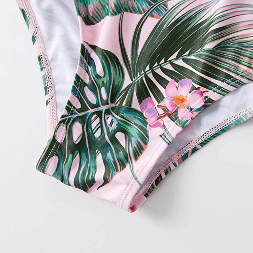 Child Mommy＆Me Family Matching Clothes Child Girl Bathing Bikini Leaf Print Pink Flounce Swimwear Two Pieces Swimsuit Set Summer