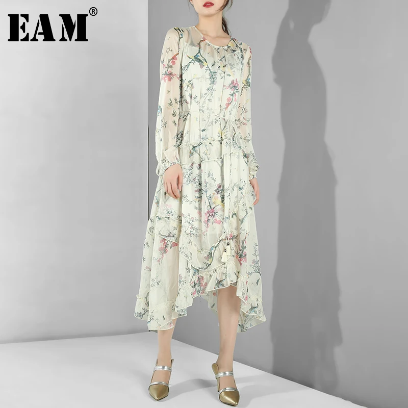

[EAM] 2019 New Autumn Winter Round Neck Long Sleeve Pattern Printed Irregular Hem Temperament Long Dress Women Fashion WG8490