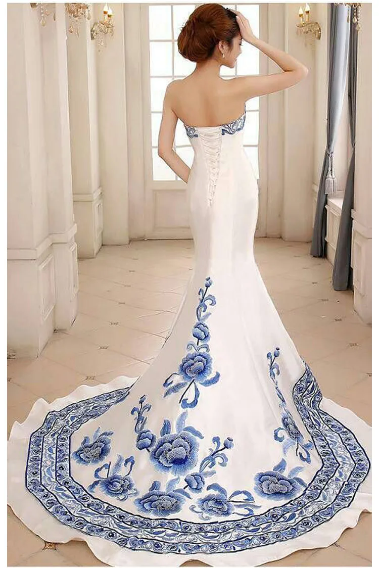 2016 синий и белый фарфор платье Роскошные Длинные Вечернее китайское традиционное свадебное Qipao Cheongsam Бесплатная доставка