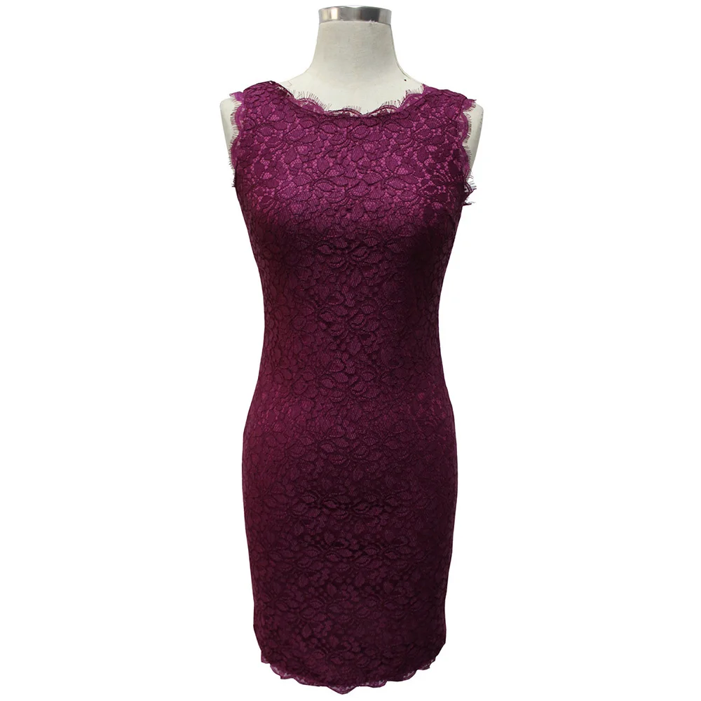 New Bodycon Cocktail Party Elegant Women Sleeveless Full Zip Back Floral Lace Dress Short Burgundy Women Dresses Hot Selling