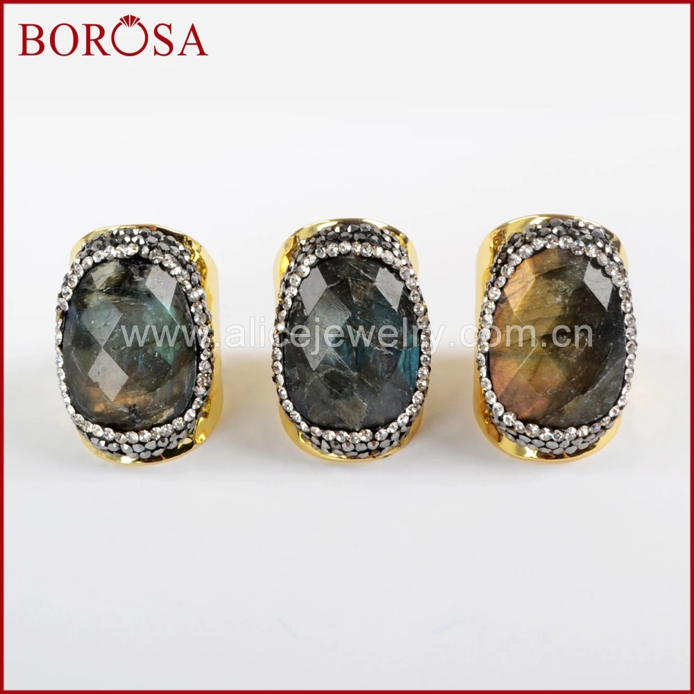

BOROSA 5PCS Oval Natural Labradorite Stone Band Ring Paved Zircons Gems Stones Adjustable Druzy Rings Jewelry JAB899