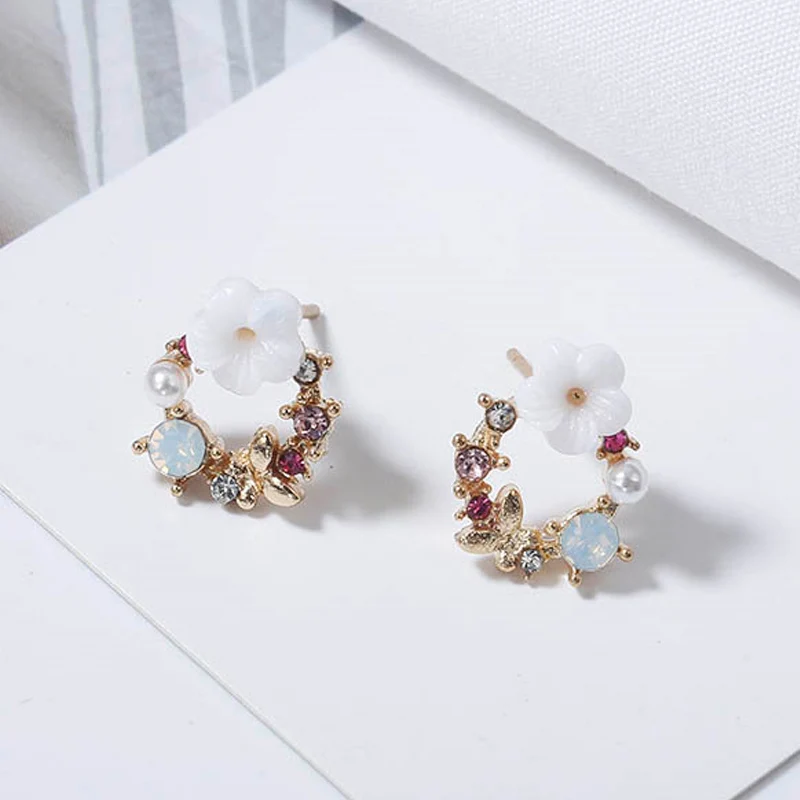 

2019 new colorful Rhinestone crown earrings for women sweet flower Shell small circle wedding jewelry