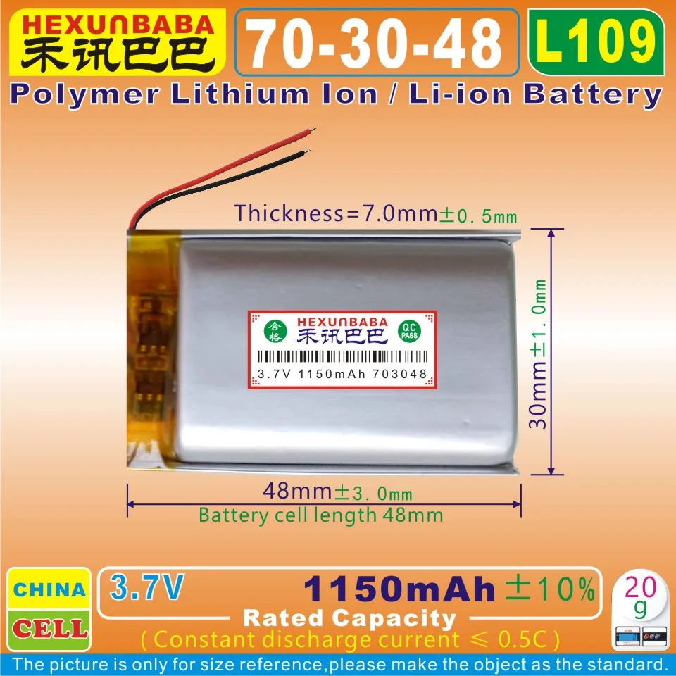 

[L109] 3.7V 1150mAh [703048] Polymer lithium ion / Li-ion battery for MP3,MP4,bluetooth,GPS,smart watch,SPEAKER