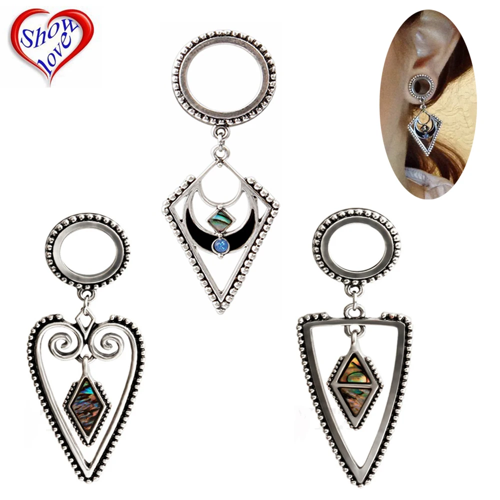 

Showlove-2PC Surgical Steel Pearl Opal Triangle&Heart&Rhombus Crescent Plug Helix Danger Ear Tunnel Expander Ear Stretcher jewel
