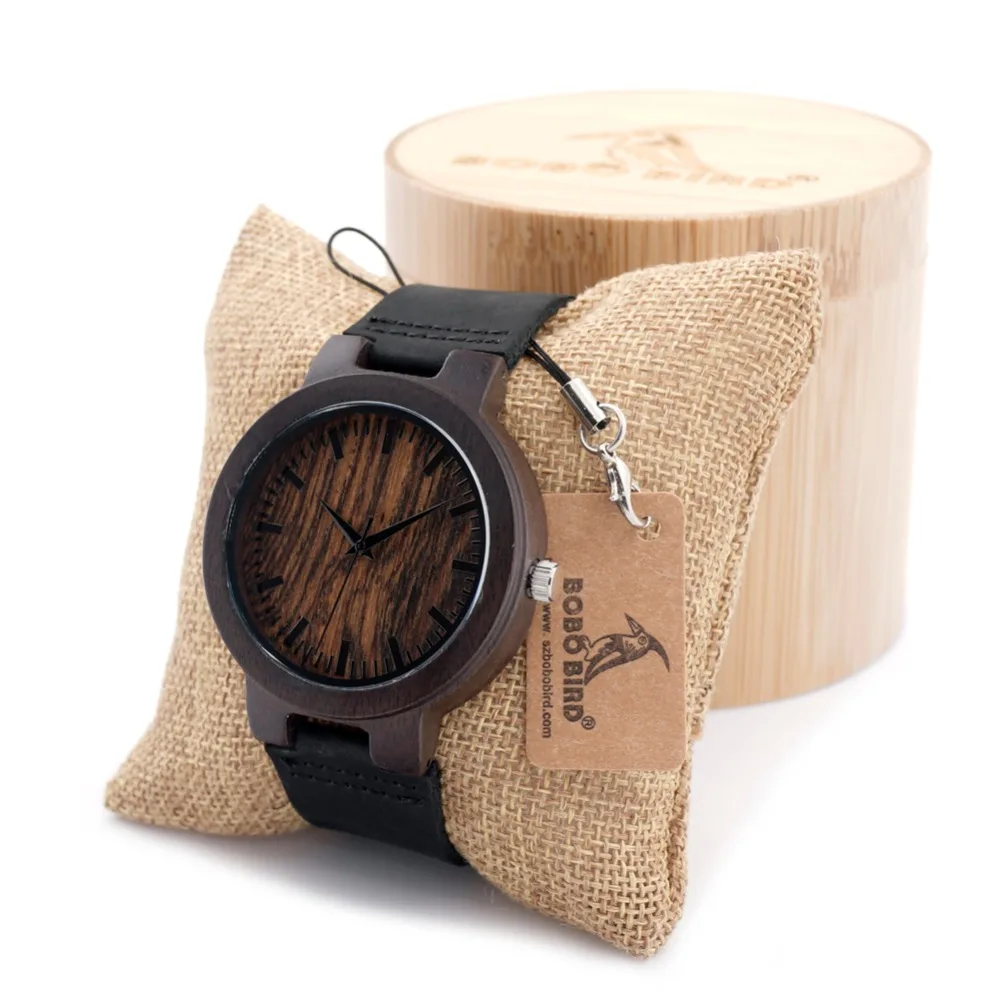 BOBO BIRD D13 Vintage Black Wood Watches With Real Leather Band Men's