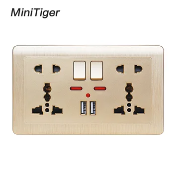 

Minitiger Gold Wall Power Socket Double Universal 5 Hole Switched Outlet 2.1A Dual USB Charger Port LED indicator 146mm*86m