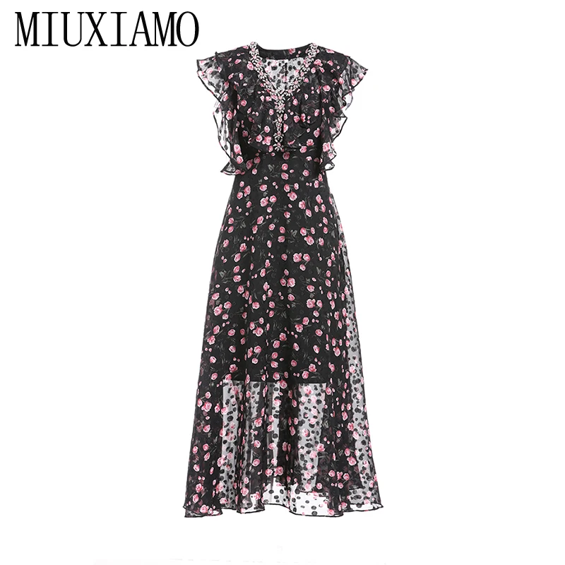 

MIUXIMAO 2019 Runway design Newest Spring & Summer Fashion V-Neck Elegant Flower casual diamonds Long Dress Women vestidos