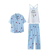 Сексуальная Весенняя Осенняя Пижама, комплект из 3 предметов, майка+ топ+ штаны, хлопок, женская одежда для сна, Kawaii, Япония, корейский стиль, спальная одежда