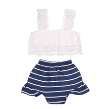 2 предмета, Кружевной Костюм с прорезями для маленьких девочек, футболка топы+ шорты в полоску летний комплект из 2 предметов