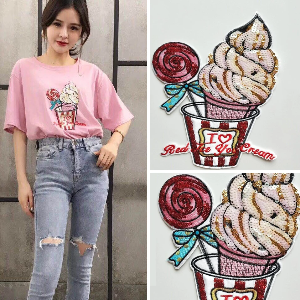 

New Ice Cream cake Lollipop sequins patch embroidered fabric garment accessories applique for T-shirt sweater decoration patches