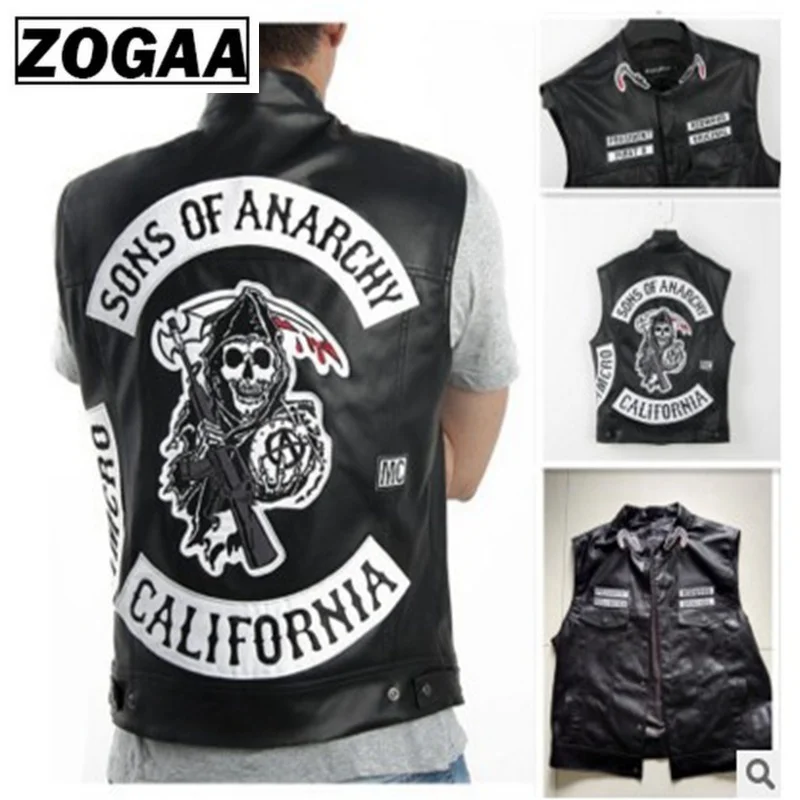 

Free shipping Sons Of Anarchy Embroidery Leather Rock Punk Vest Cosplay costume Black Color Motorcycle sleeveless Jacket