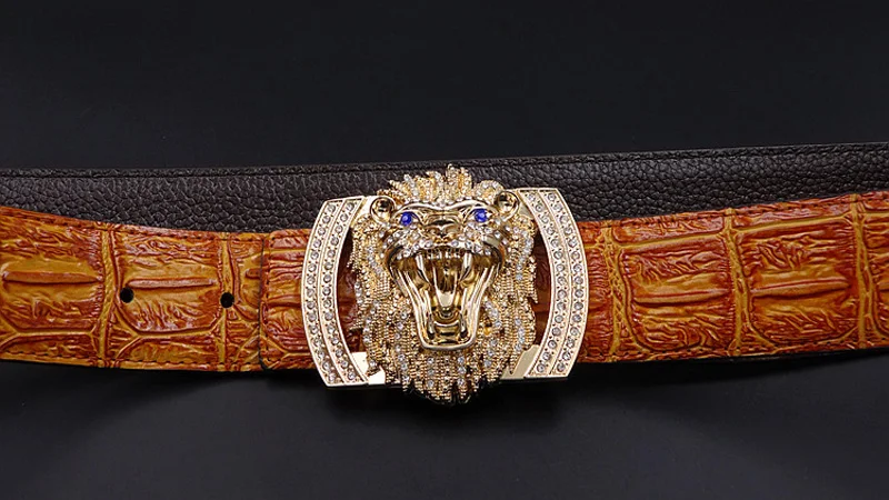 Цвета: золотистый, серебристый Пряжка со львом алмазного типа «крокодил» Для мужчин из натуральной деловой кожаный ремень повседневные кожаные Ремни для Для мужчин ZH506