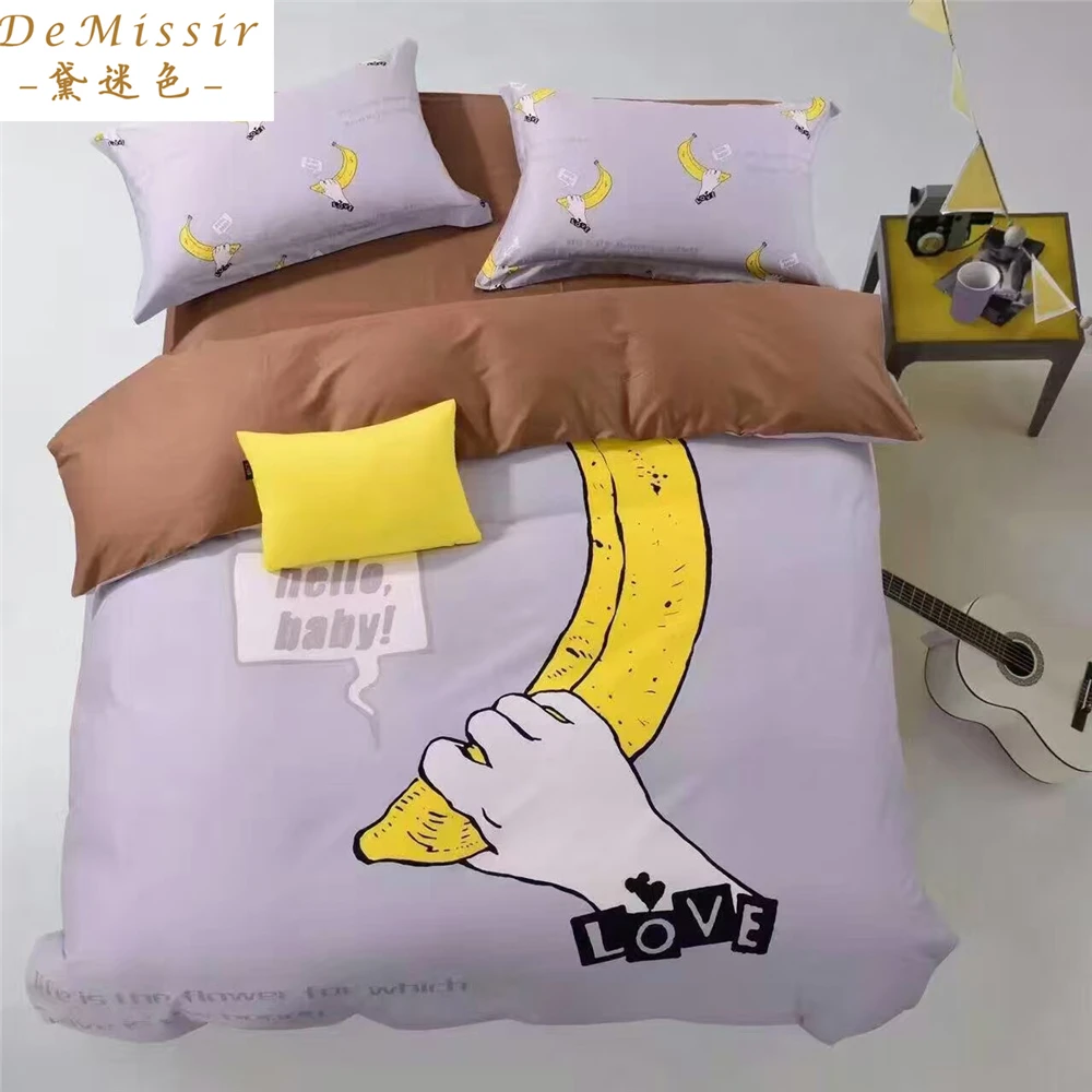 font b Sexy b font Digital Printing Banana Cotton Bedding Set Grey Queen size 4PCS