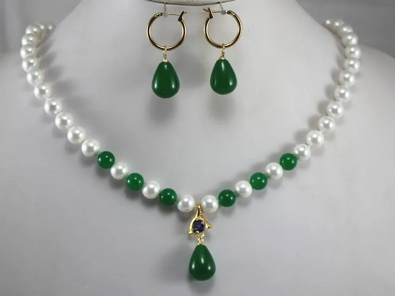 

party jewelry sets charm 8mm white shell pearl dotted with green jade beads necklace match green jade earrings for lady