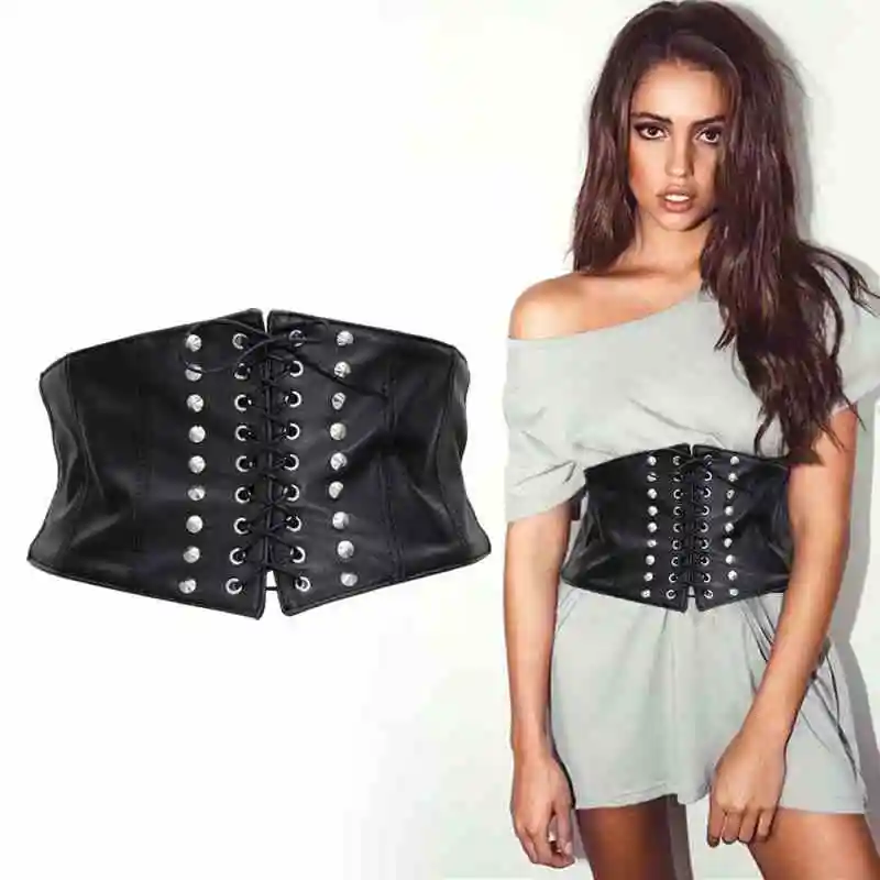 Hot women's black leather corset belt lace up silver studs deco faux ...