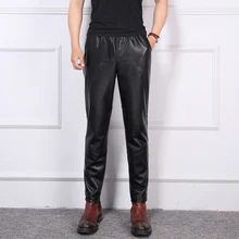 Мужские брюки из натуральной кожи, корейские кожаные брюки для отдыха, Мужские штаны-шаровары из натуральной овечьей кожи с эластичным поясом