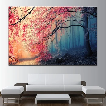 

Home Decor Modular Wall Art Poster Canvas Prints Painting red tree scenery Pictures Modern bedroom For Living Room