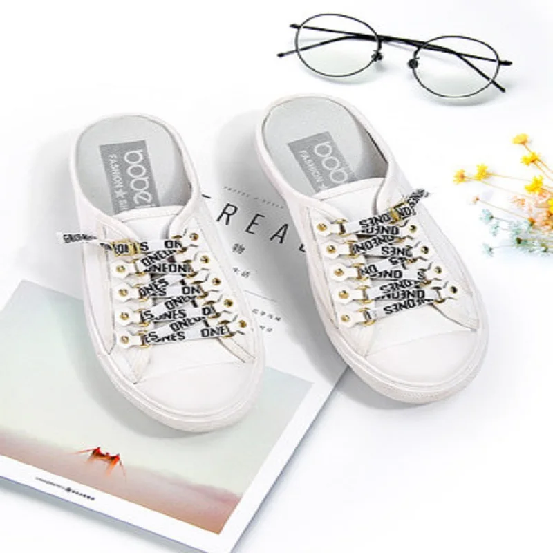 

2019 new net red half slippers female personality trend embroidery letters lace comfortable with lazy canvas shoes